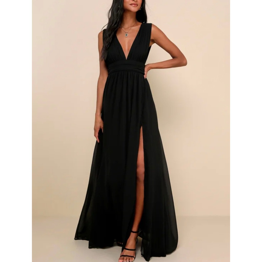 Lulus Heavenly Hues Black Maxi Dress Deep V-Neck Chiffon Formal Gown Size M